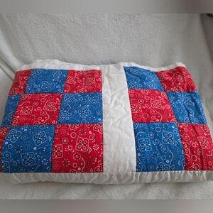 Vintage Handmade Quilted Square Paisley Pattern Quilt Red White Blue Hand Stitch